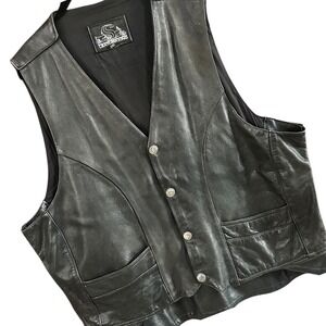 Leather King Biker Vest Mens 54 Black Good Vintage Buffalo Nickel Snaps Moto